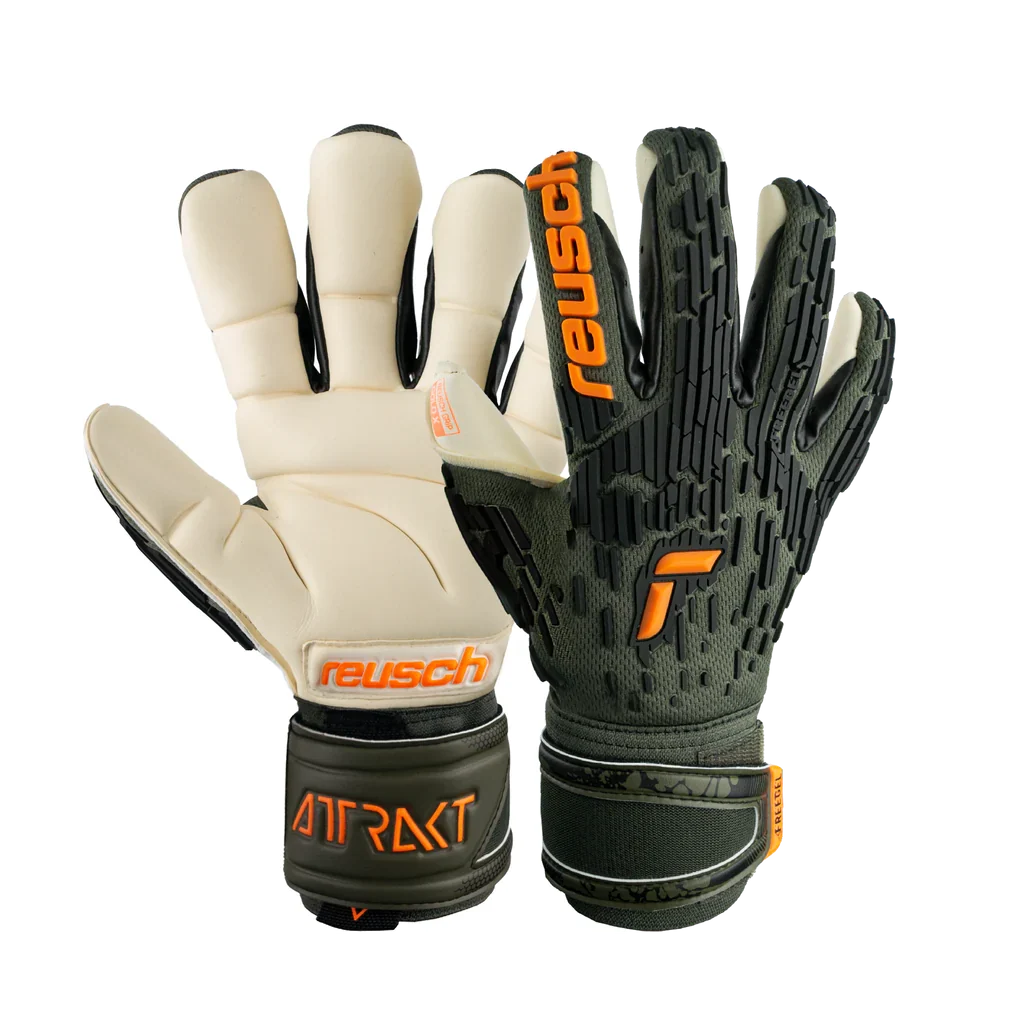 Reusch Attrakt Freegel Gold X Finger Support Goalkeeper Gloves-Desert Green/Shock Orng product image 1, provided for visual