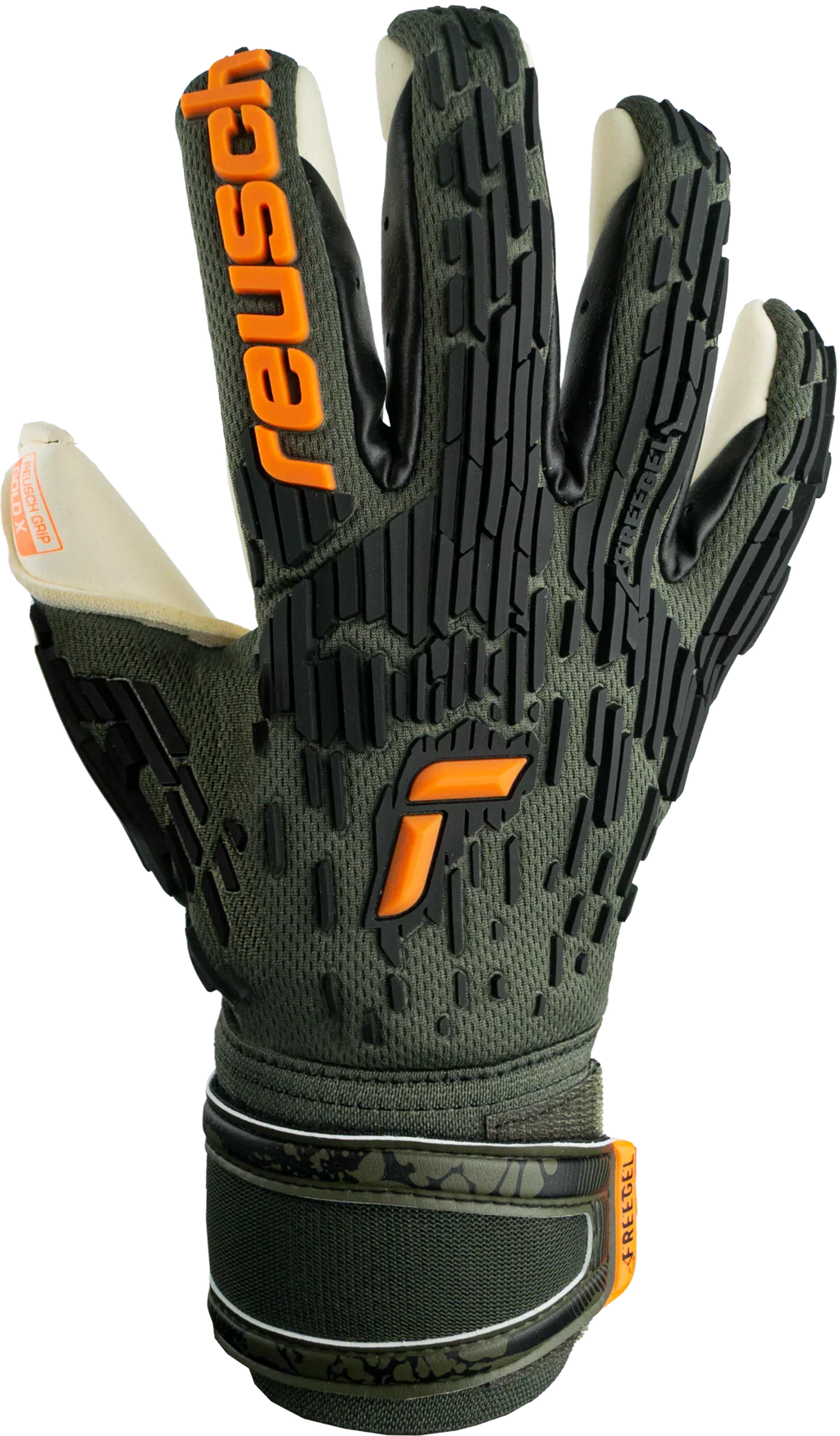Reusch Attrakt Freegel Gold X Finger Support Goalkeeper Gloves-Desert Green/Shock Orng product image 2, provided for visual