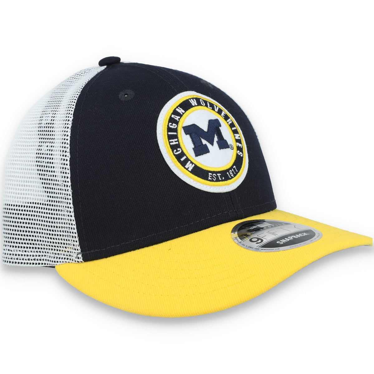 New Era Michigan Wolverines Throwback Low Profile 9FIFTY Trucker Snapback Hat product image 1, provided for visual reference