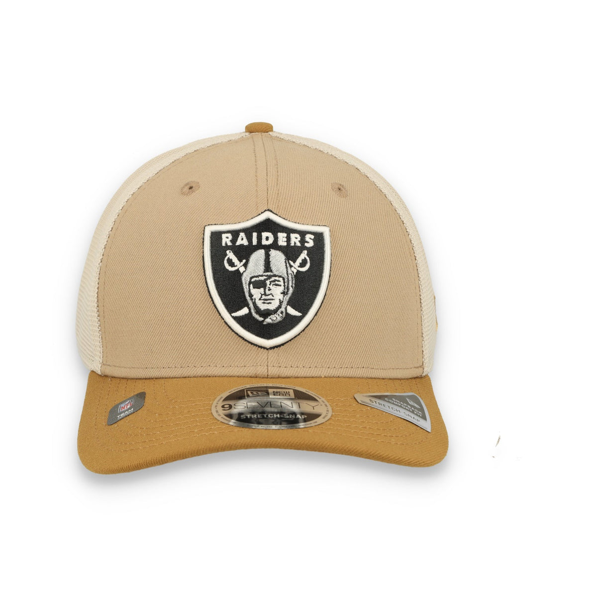 New Era Las Vegas Raiders 2-Tone 9SEVENTY Trucker Stretch-Snap Adjustable Hat-Brown/Beige product image 2, provided for