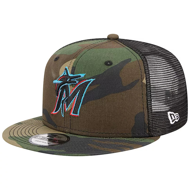 New Era Miami Marlins Woodland Camo Trucker 9FIFTY Snapback Hat-Camo product image 2, provided for visual reference and