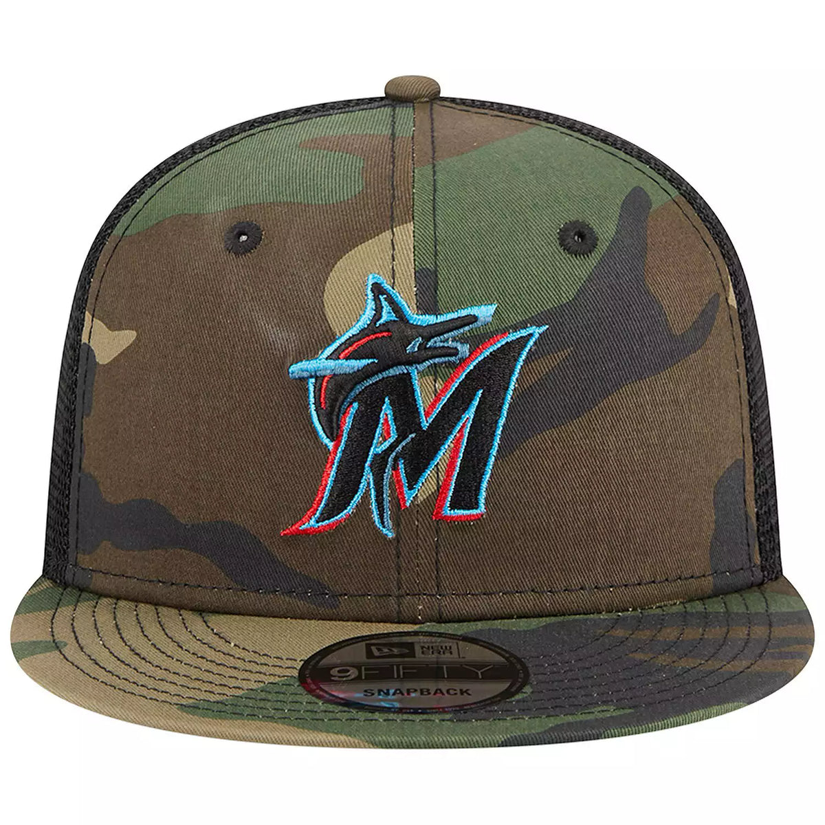 New Era Miami Marlins Woodland Camo Trucker 9FIFTY Snapback Hat-Camo product image 3, provided for visual reference and