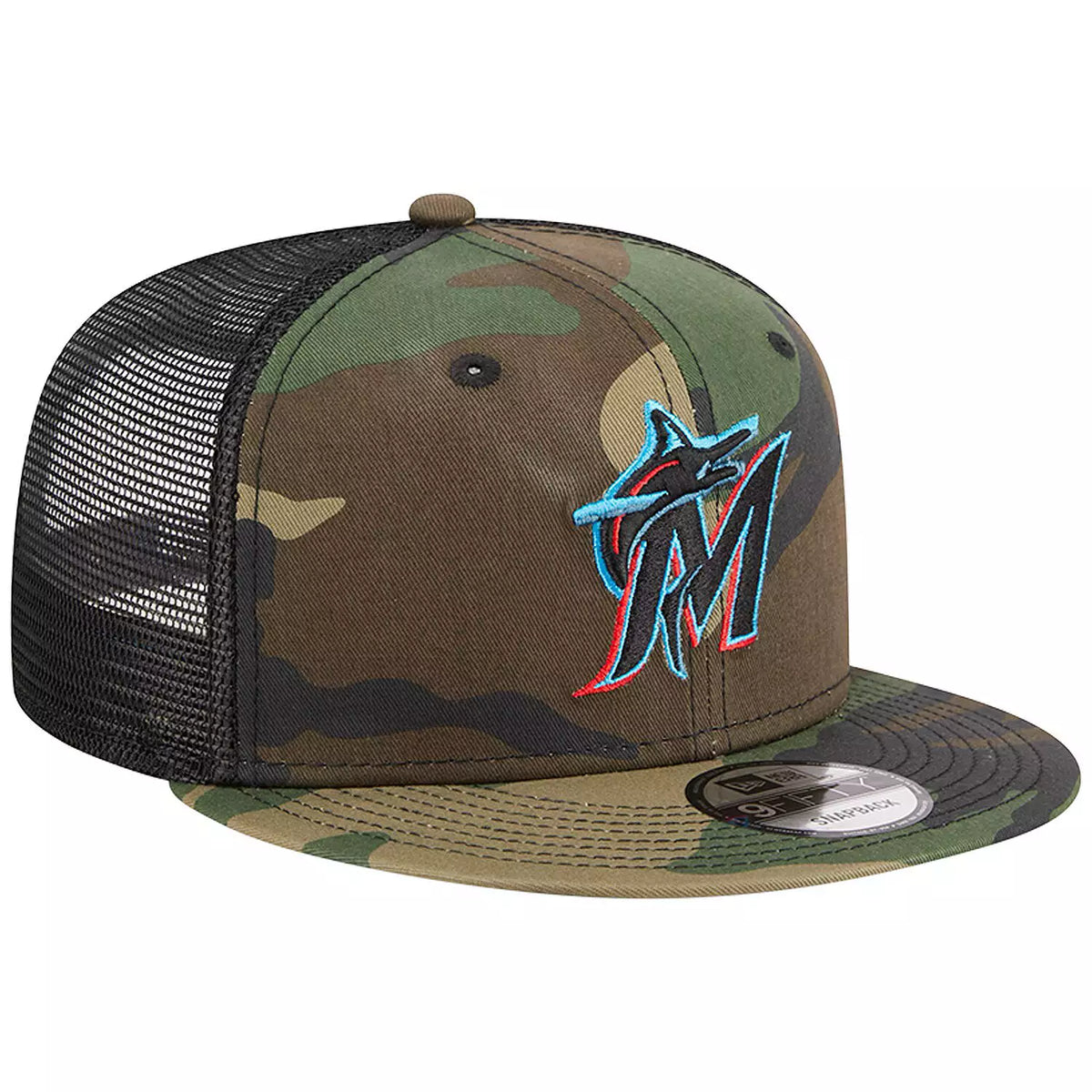 New Era Miami Marlins Woodland Camo Trucker 9FIFTY Snapback Hat-Camo product image 1, provided for visual reference and