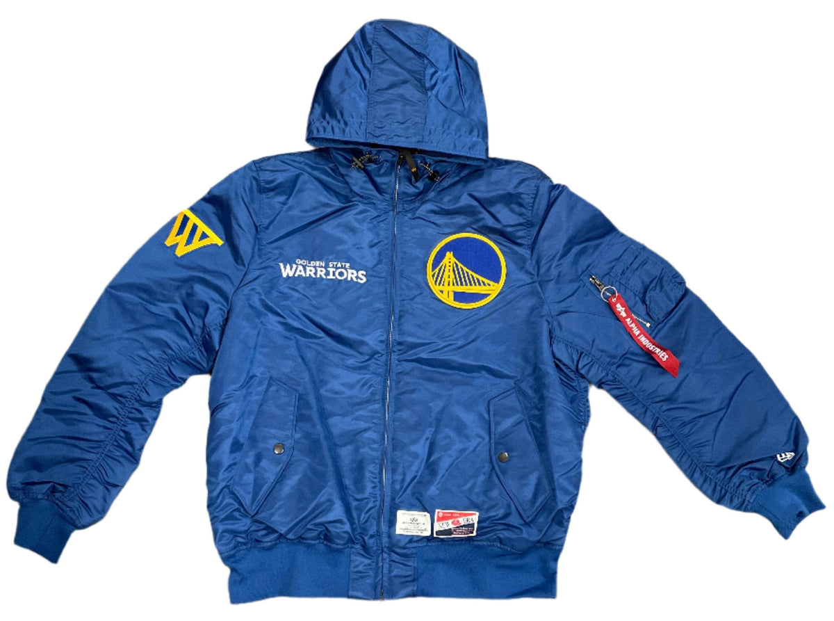 New Era Alpha Industries Golden State Warriors Bomber Jacket- Blue product image 1, provided for visual reference and