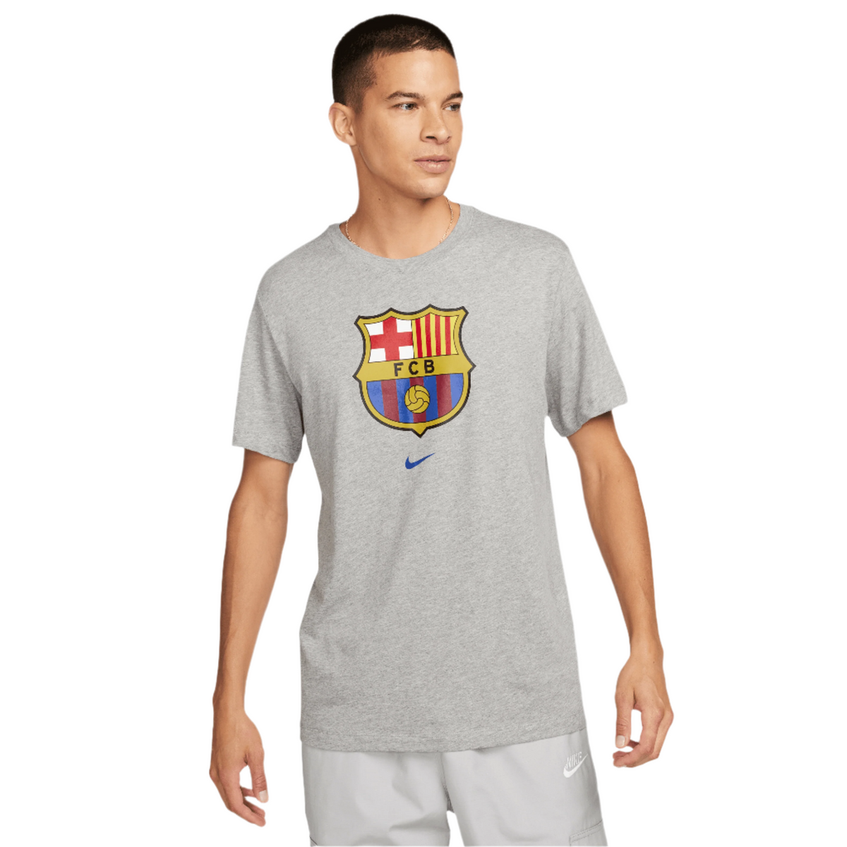 Nike Men FC Barcelona Crest Soccer T-Shirt-Grey product image 1, provided for visual reference and product detail review