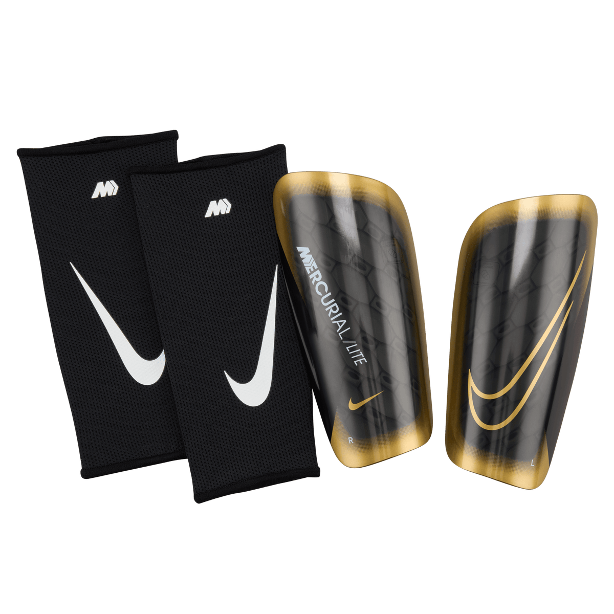 Nike Mercurial Lite Soccer Shin Guards-BLACK/MTLC GOLD COIN product image 1, provided for visual reference and product