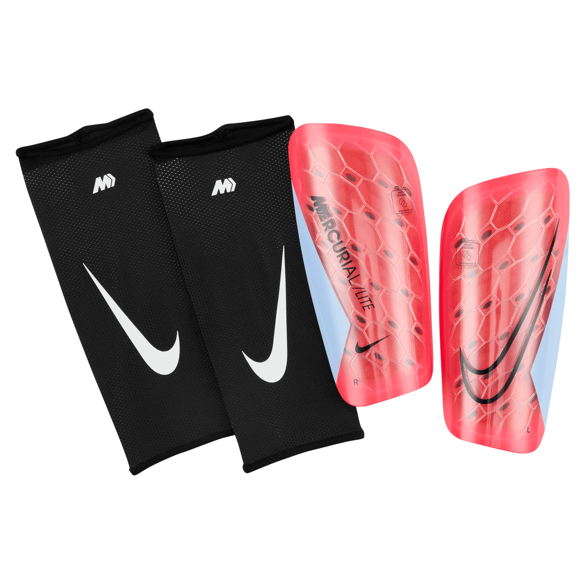 Nike Mercurial Lite Soccer Shin Guards BRIGHT CRIMSON/ROYAL TINT/BLACK product image 1, provided for visual reference and