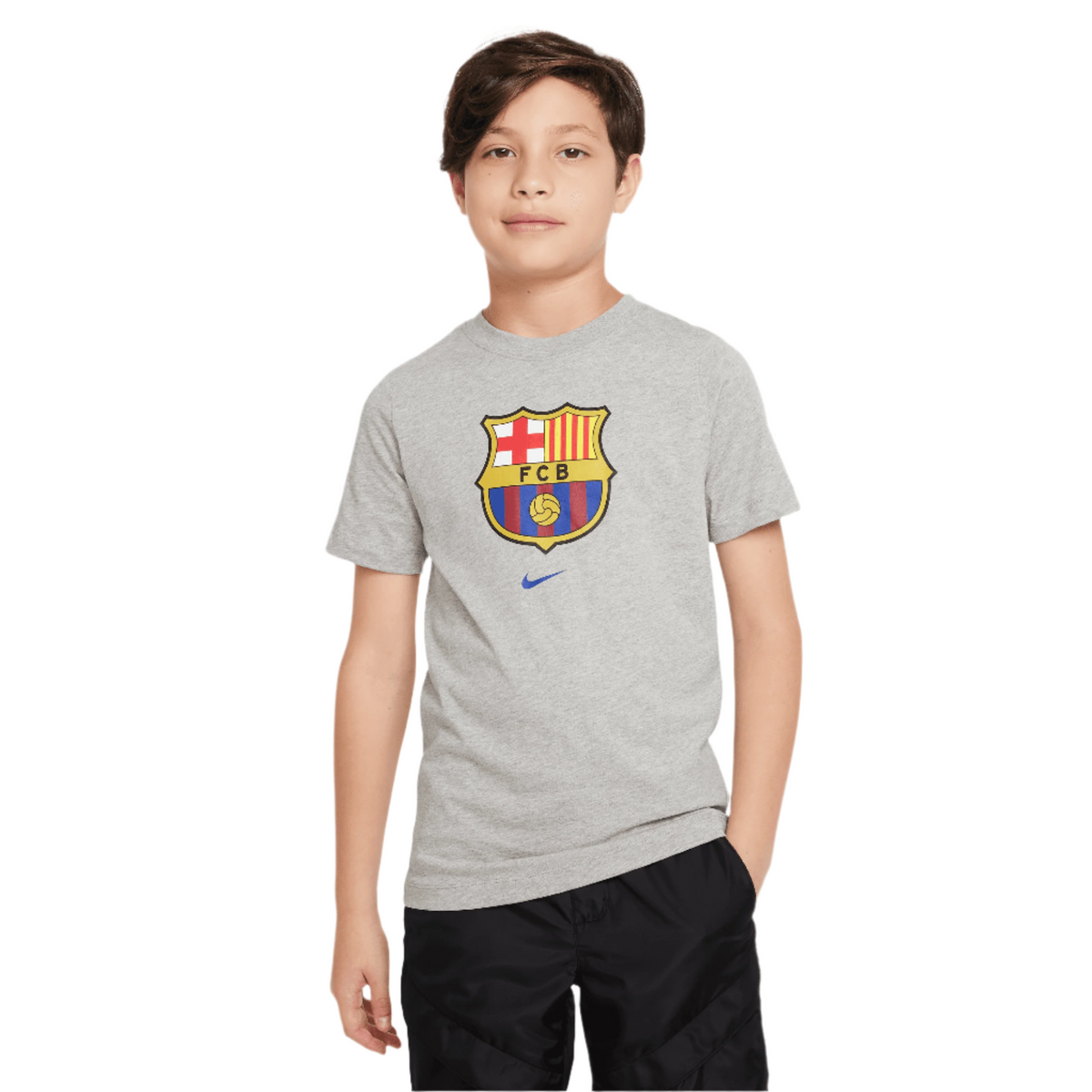 Nike Youth FC Barcelona Crest T-Shirt-Grey product image 1, provided for visual reference and product detail review