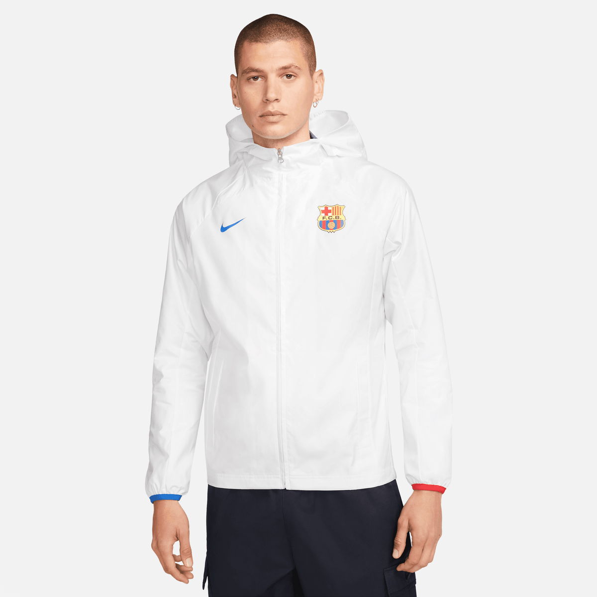 Nike Men FC Barcelona AWF Soccer Jacket-White/Royal Blue/Royal Blue product image 1, provided for visual reference and