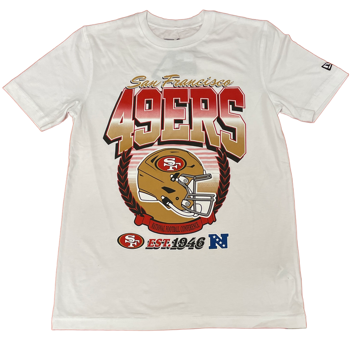 New Era Men San Francisco 49ers NFL Helmet Crest T Shirt-White product image 1, provided for visual reference and product