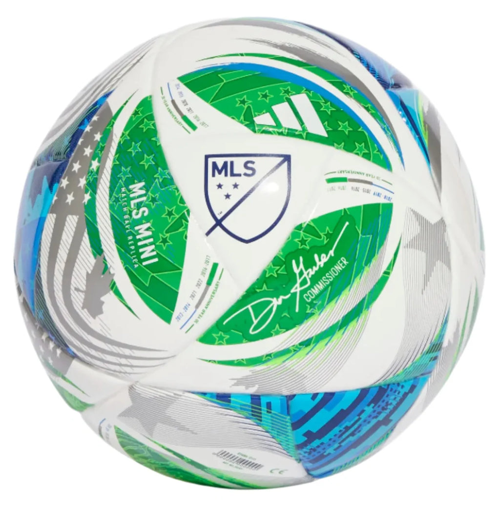 Adidas MLS Mini Soccer Ball-White/Green/Blue product image 1, provided for visual reference and product detail review