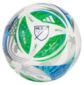 Adidas MLS Mini Soccer Ball-White/Green/Blue product image 1, provided for visual reference and product detail review