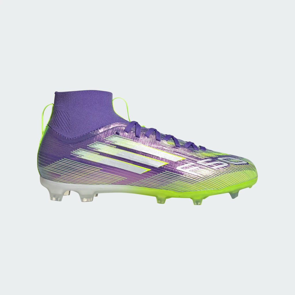 Adidas JR F50 Mid Elite FG/MG-PURRUS/FTWWHT/LUCLEM product image 1, provided for visual reference and product detail review