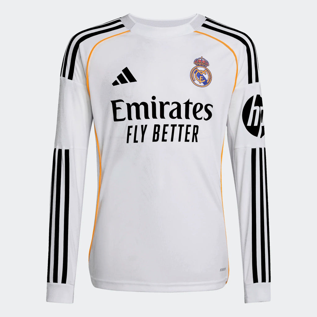 Adidas Youth Real Madrid Long Sleeve Home Stadium Jersey 25/26 product image 1, provided for visual reference and product