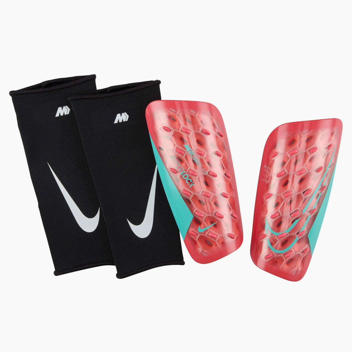 Nike Mercurial Lite Shin Guards-EMBER GLOW/AURORA GREEN/AURORA GREEN product image 1, provided for visual reference and