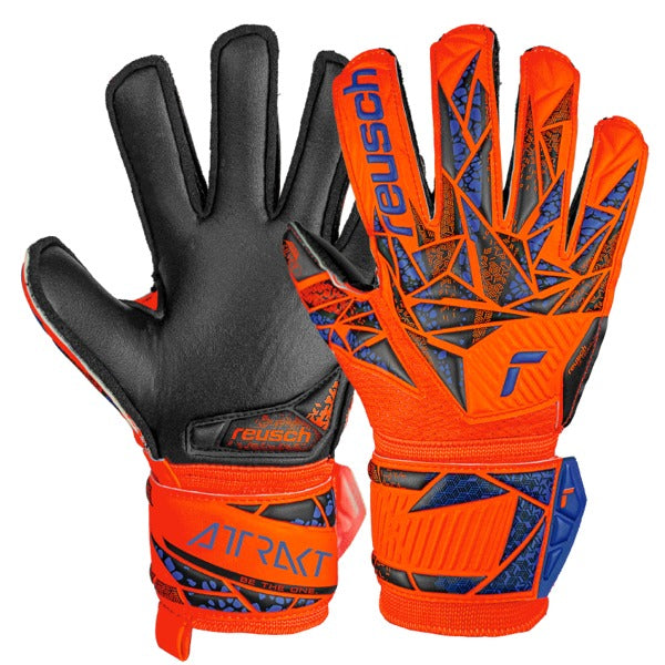 Reusch Youth Attrakt Silver Solid Goalkeeper Gloves-Hyper Orng/Elec blue product image 1, provided for visual reference and
