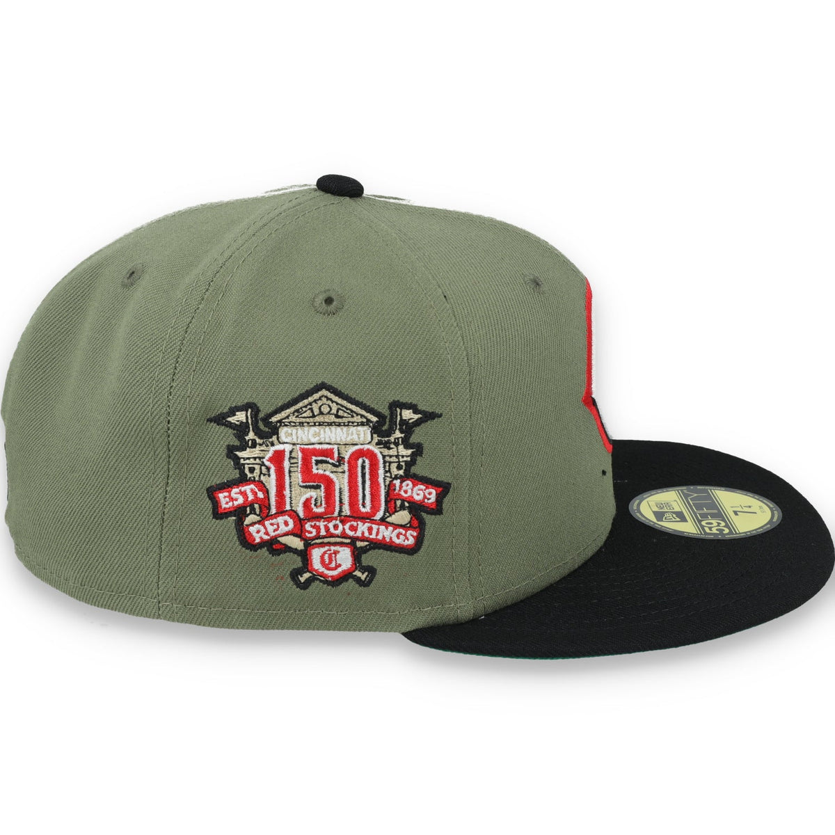 New Era Cincinnati Reds 150th Anniversary Side Patch 59FIFTY Fitted Hat- Olive Green product image 6, provided for visual
