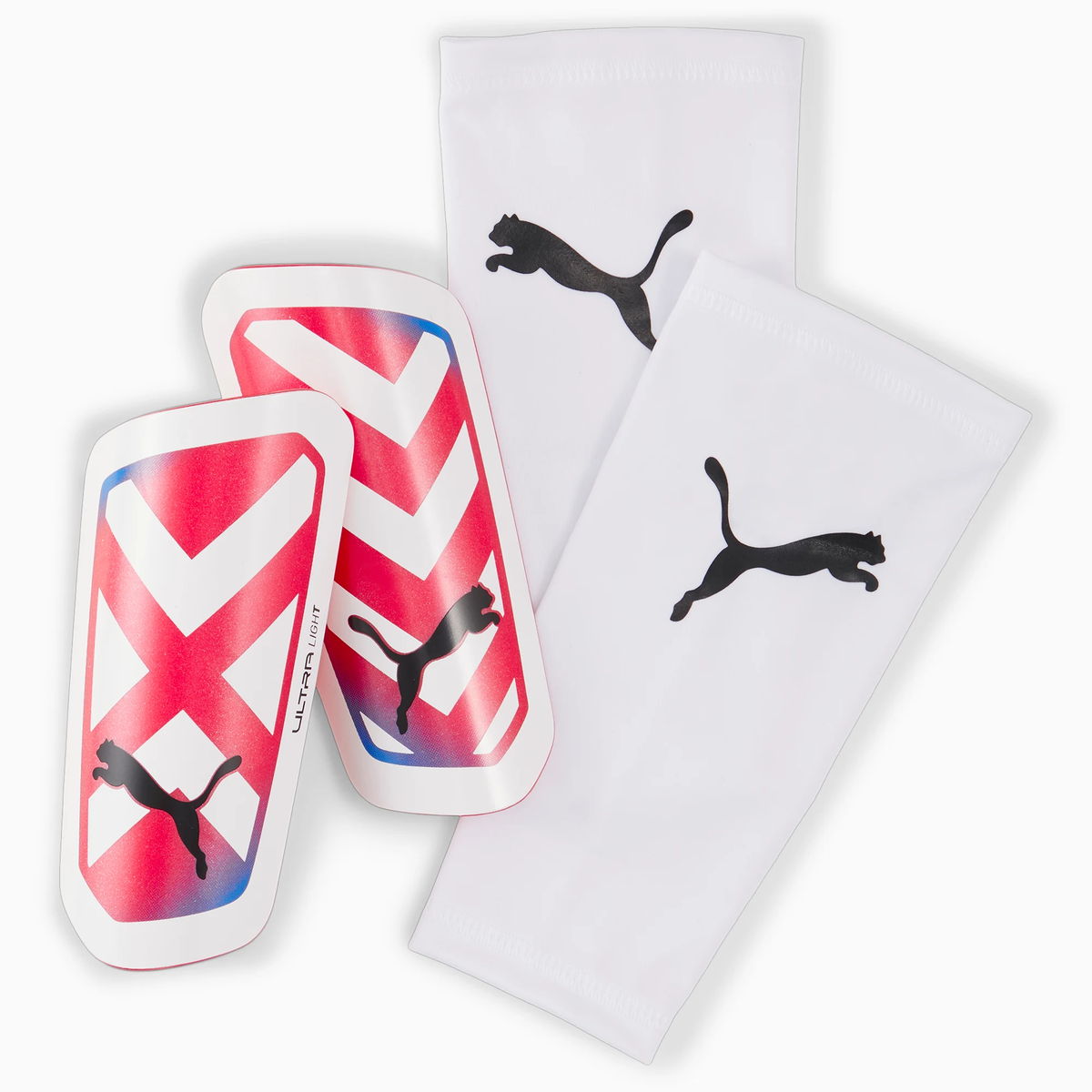 Puma Ultra Light Sleeve Shinguard-White/Blue/Red product image 1, provided for visual reference and product detail review