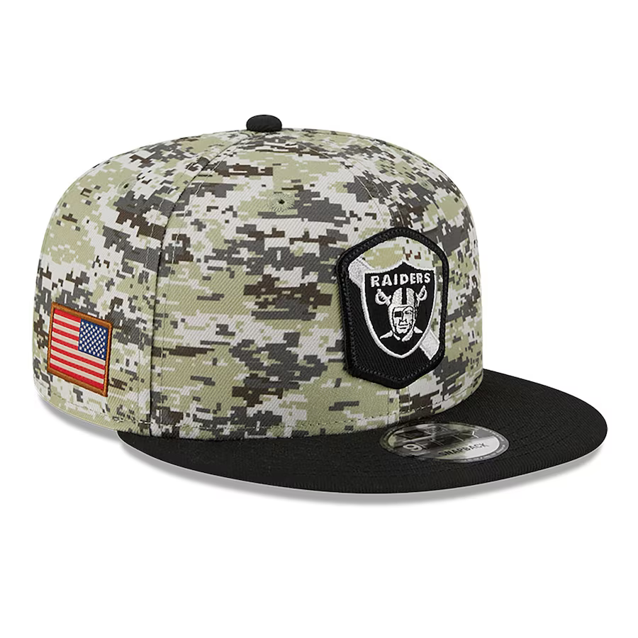 New Era Las Vegas Raiders Salute to Service 2032 9FIFTY Snapback Hat product image 1, provided for visual reference and