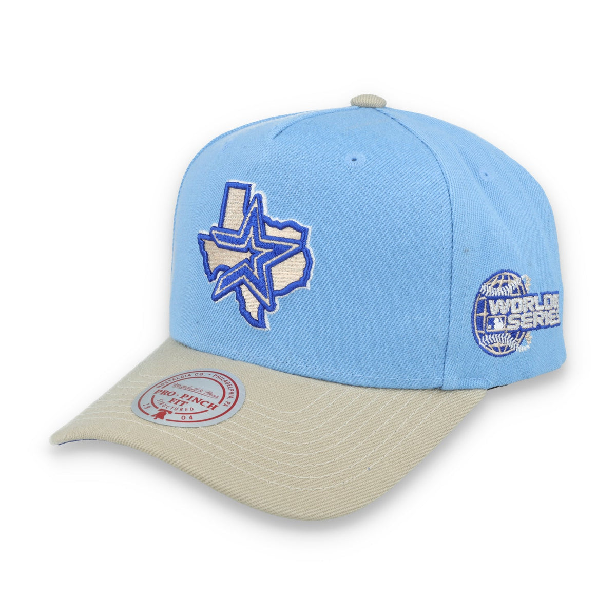 Mitchell & Ness Houston Astros 2005 World Series Side Patch Pro Pitch Snapback Hat-Light Blue/Beige product image 1,
