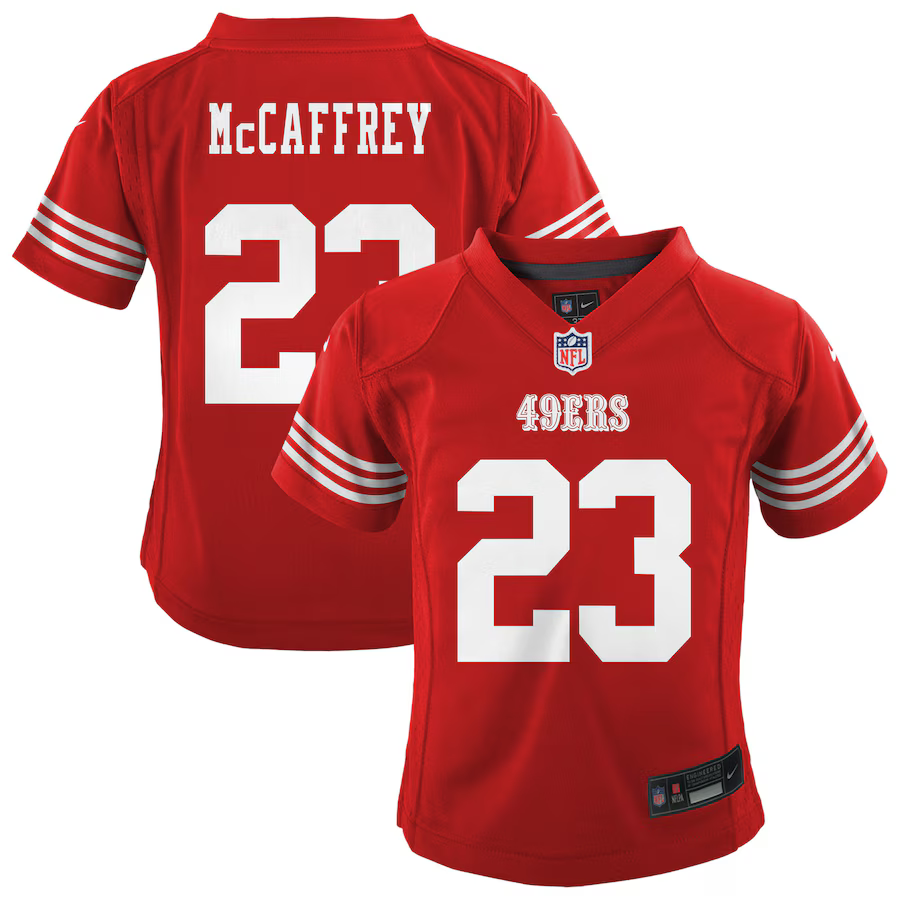 Infant Nike Christian McCaffrey Scarlet San Francisco 49ers Game Jersey product image 1, provided for visual reference and