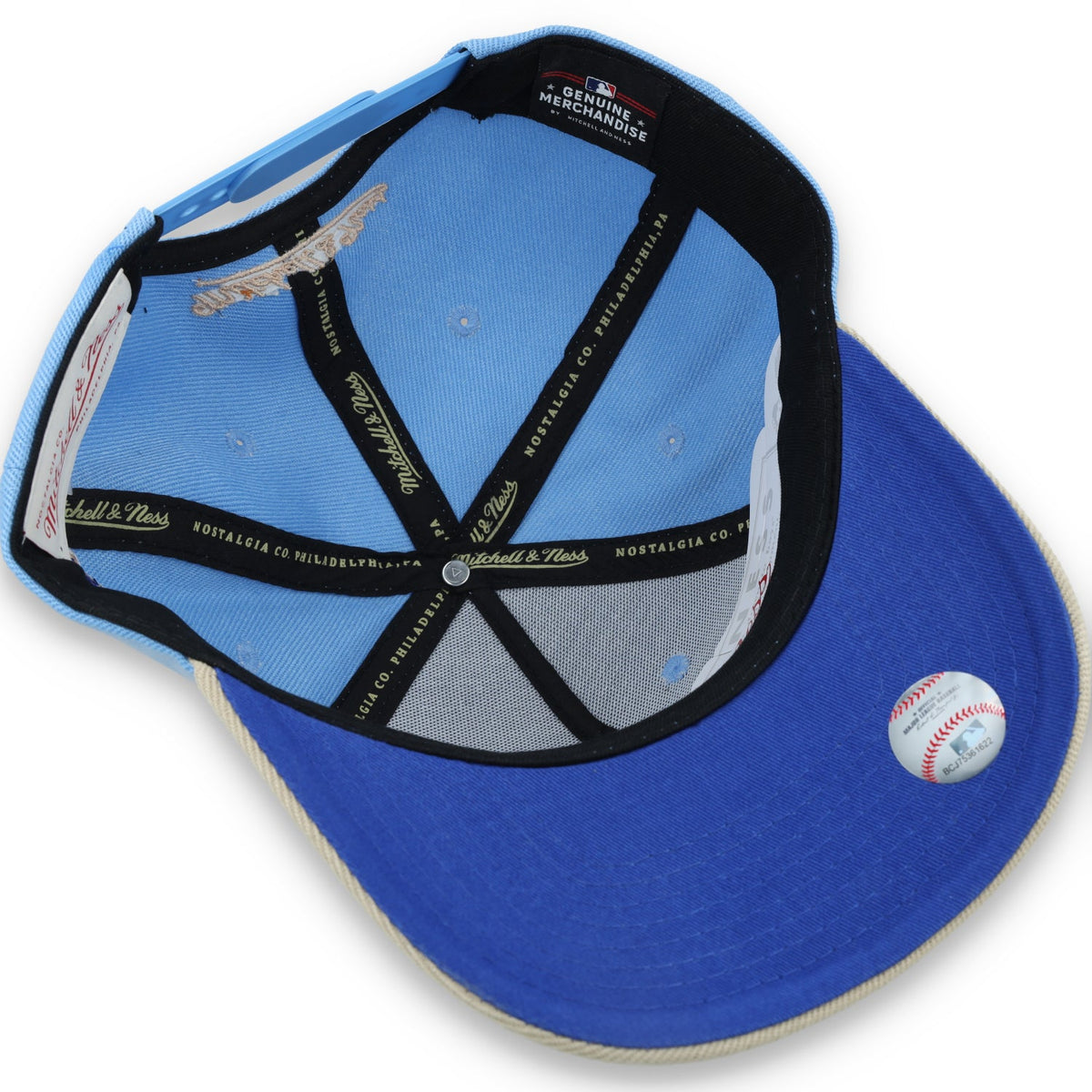 Mitchell & Ness Oakland Athletics 40TH Anniversary Side Patch Pro Pitch Snapback Hat-Light Blue/Beige product image 7,