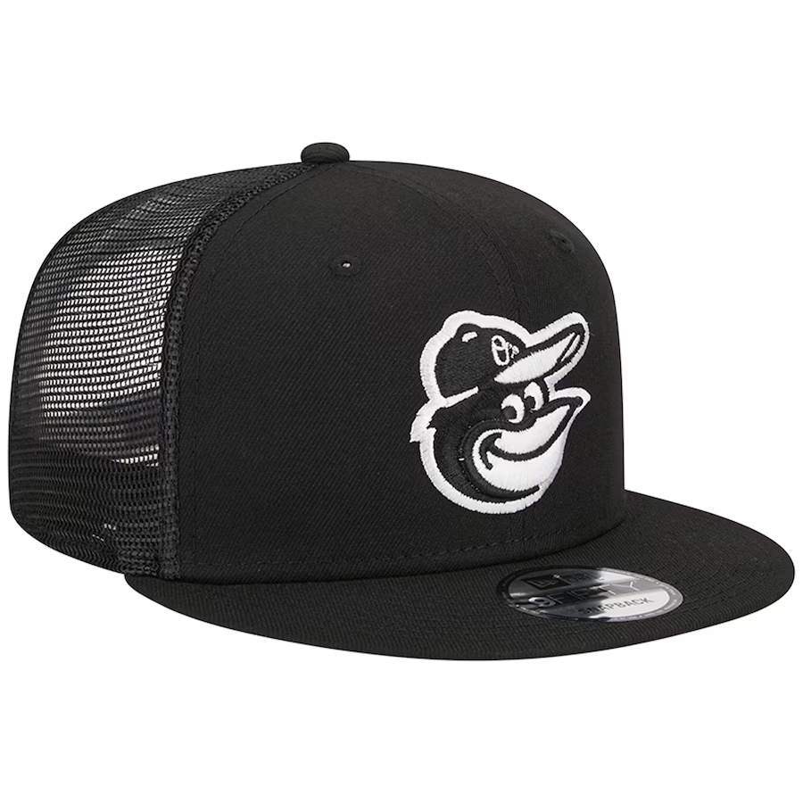 New Era Baltimore Orioles Trucker 9Fifty Snapback Hat-Black/White product image 1, provided for visual reference and product
