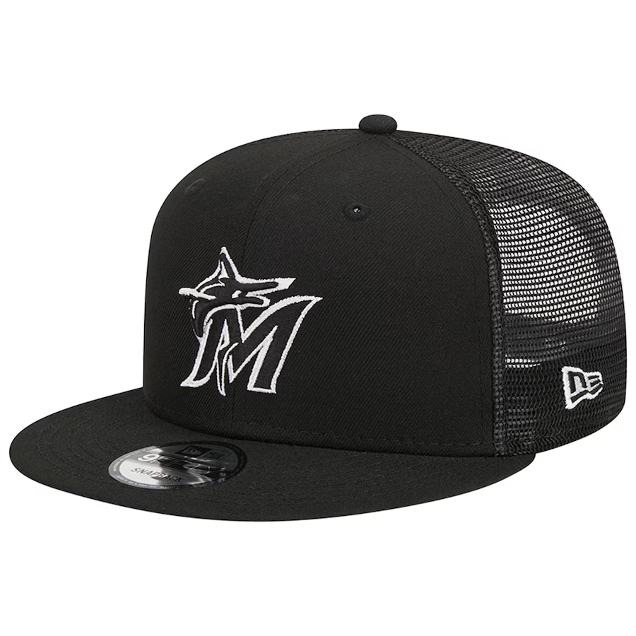 New Era Miami Marlins 9FIFTYTrucker Snapback Hat-Black/White product image 2, provided for visual reference and product