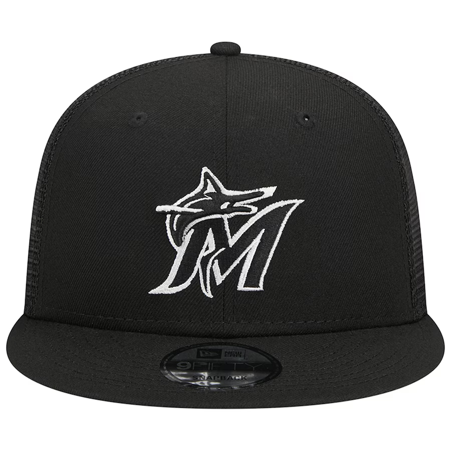 New Era Miami Marlins 9FIFTYTrucker Snapback Hat-Black/White product image 3, provided for visual reference and product
