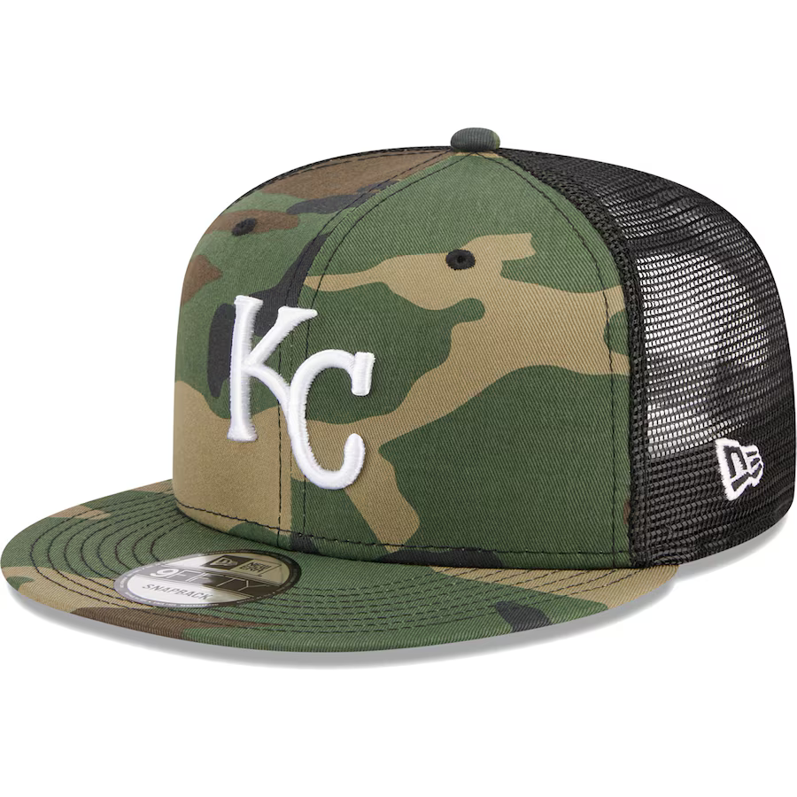New Era Kansas City Royals Woodland Camo Trucker 9FIFTY Snapback Hat product image 2, provided for visual reference and