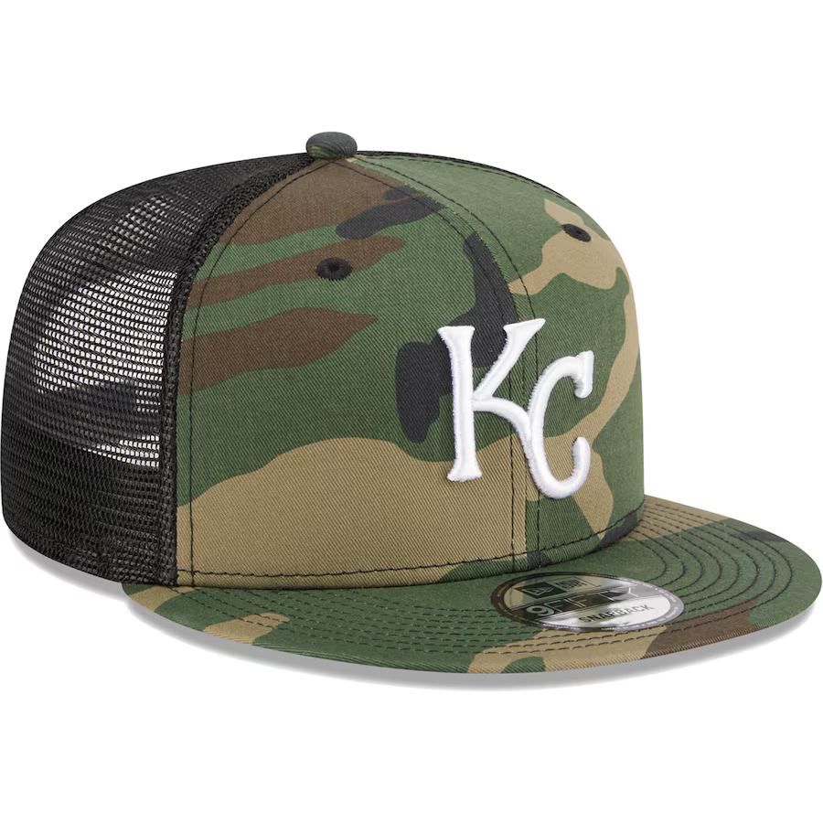 New Era Kansas City Royals Woodland Camo Trucker 9FIFTY Snapback Hat product image 1, provided for visual reference and