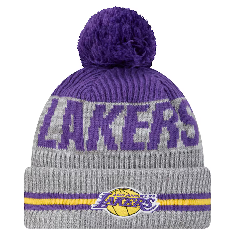 New Era Los Angeles Lakers Gray Sport Night Runner Cuffed Knit With Pom product image 1, provided for visual reference and