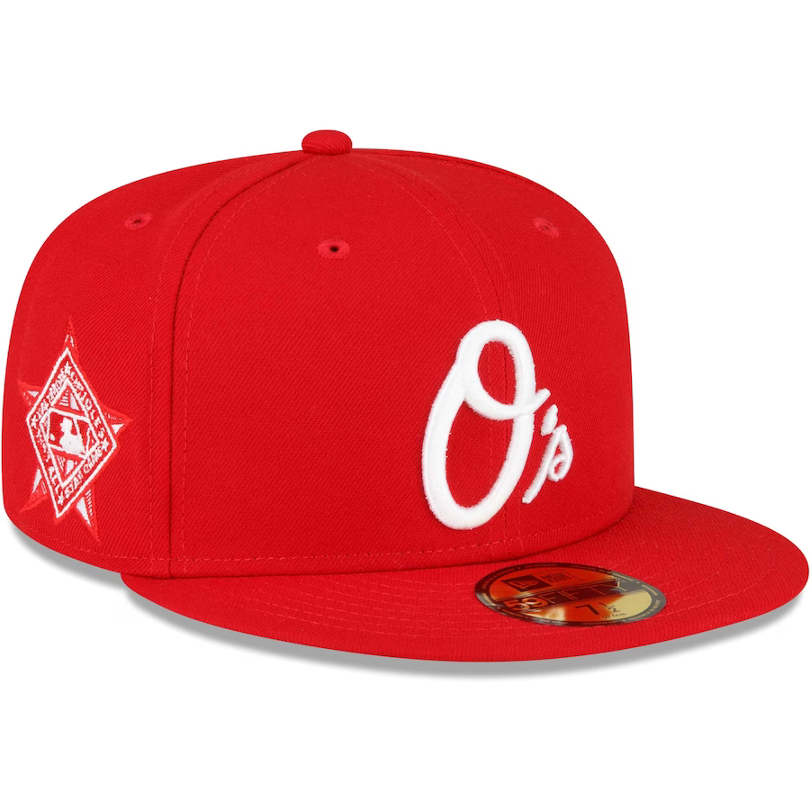 New Era Baltimore Orioles Red Side Patch 59Fifty Fitted Hat product image 1, provided for visual reference and product