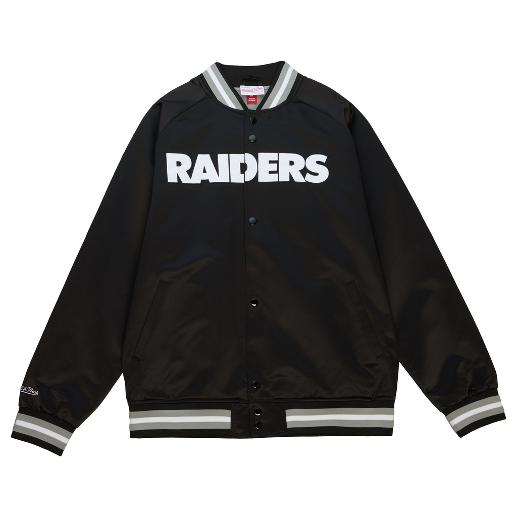 Mitchell and Ness Double Clutch Lightweight Satin Jacket Oakland Raiders product image 1, provided for visual reference and