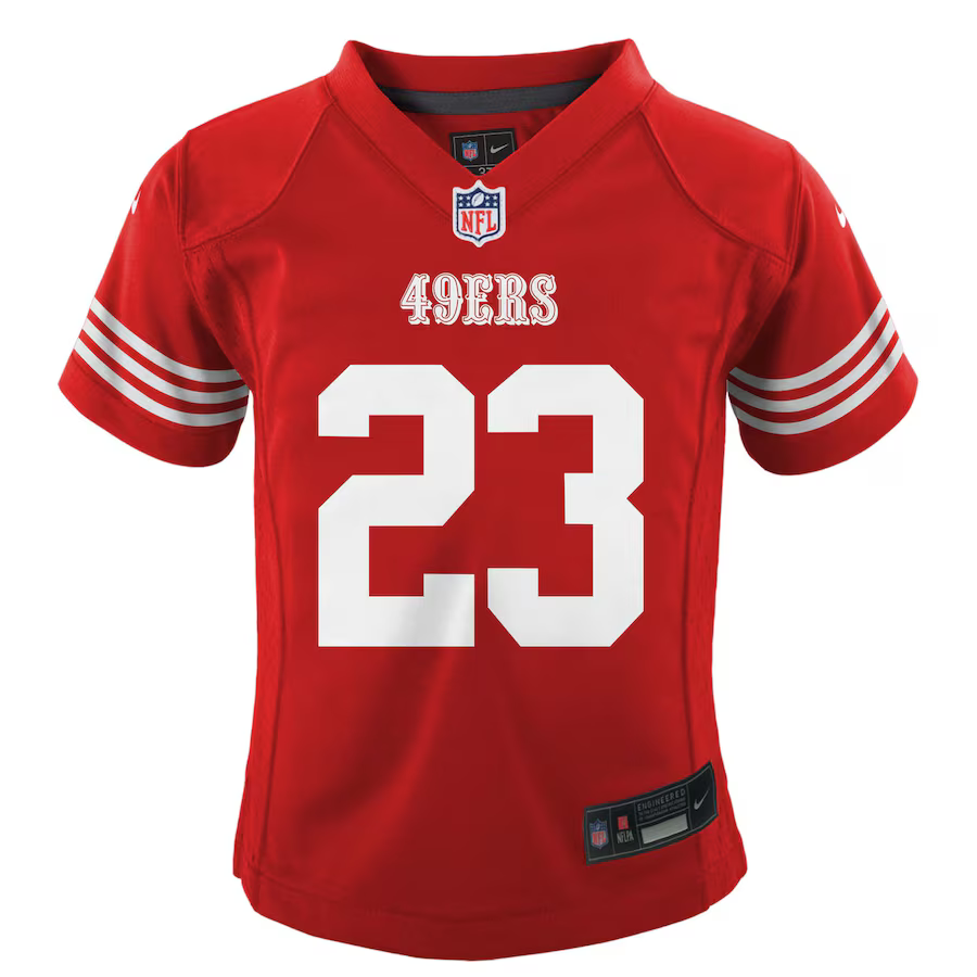 Toddler Nike Christian McCaffrey Scarlet San Francisco 49ers Game Jersey product image 1, provided for visual reference and