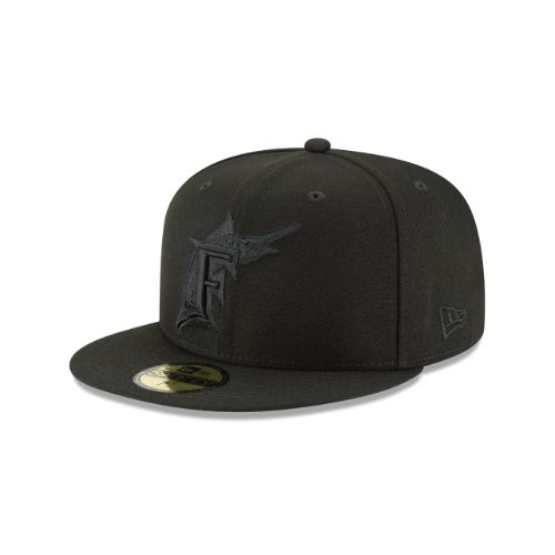 New Era Florida Marlins 59FIFTY Fitted Hat- BLACK ON BLACK product image 1, provided for visual reference and product detail